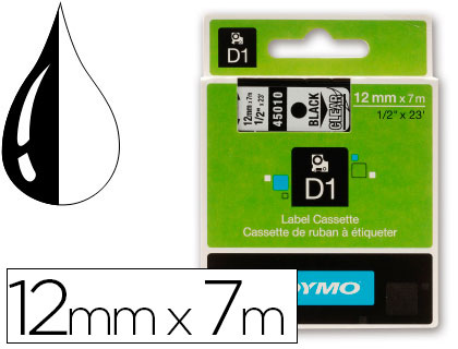 Cinta Dymo D1 12mm. x 7m. plástico transparente tinta negra 45010